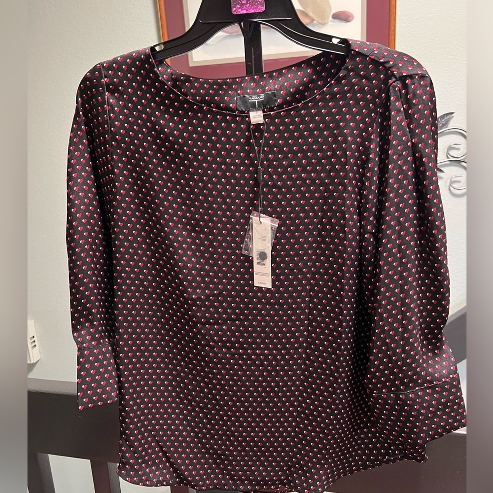 NWT Tahari Black Blouse with Red Heart Pattern
